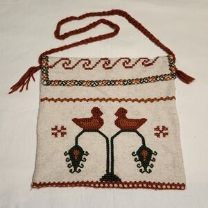 Mexican Mazahua Artisan Wool Yarn Embroidered Bird Folk Art Tote Bag Purse